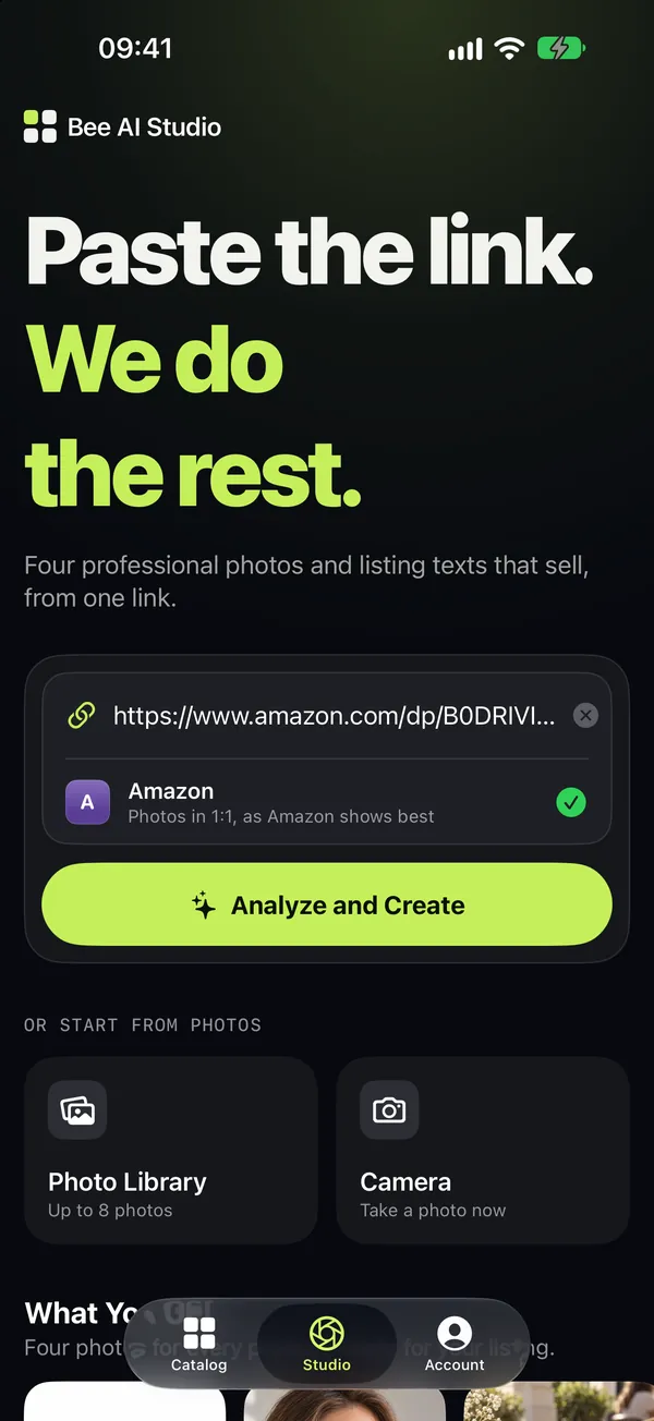 The Studio screen with a product link pasted