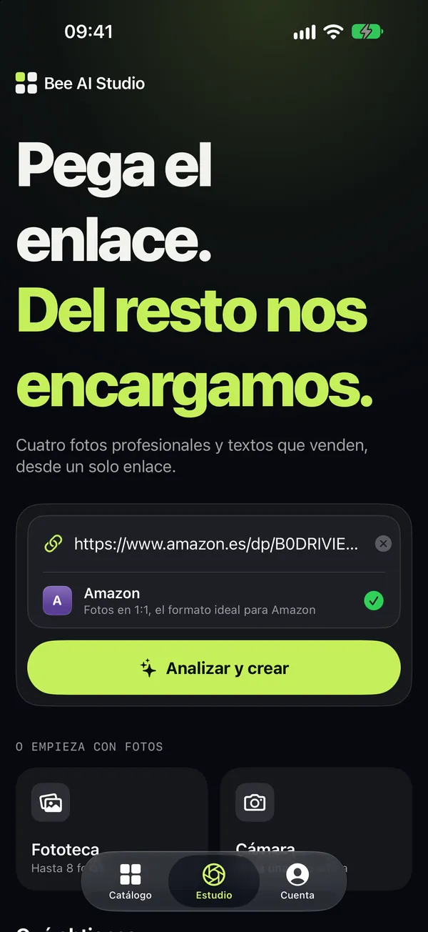 La pantalla Estudio con un enlace de producto pegado