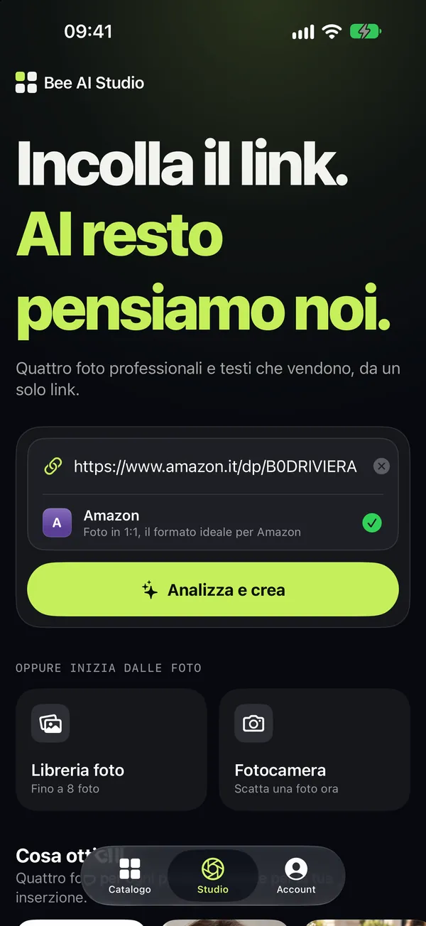 La schermata Studio con un link prodotto incollato