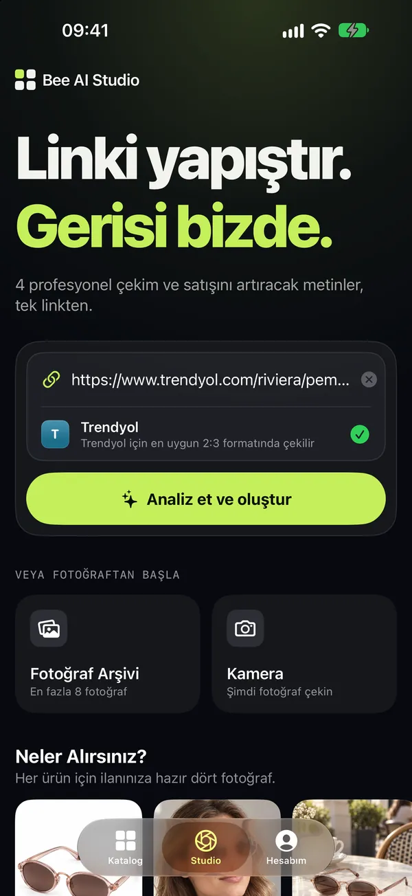 Ürün linki yapıştırılmış Studio ekranı
